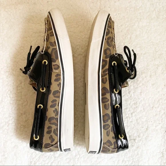 Sperry Leopard Biscayne Patent Leather Top Sider Boat Shoe Tan Black 10 - Picture 10 of 13